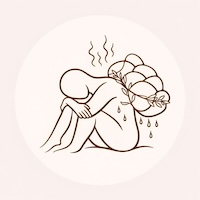 Illustration minimaliste d’une femme recroquevillée laissant s’exprimer ses émotions, représentant l’accompagnement femmes dans un processus de libération émotionnelle et de soutien bienveillant
