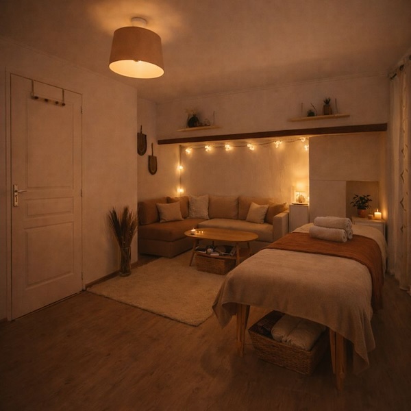 Espace-dedie-au-massage-integral Salle de massage chaleureuse et apaisante, préparée pour un massage intégral favorisant la détente profonde et le bien-être du corps
