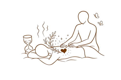 Illustration artistique représentant une personne recevant un massage intégral, symbolisant la détente profonde, le toucher thérapeutique et l’harmonisation du corps