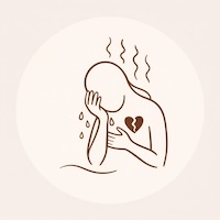 Illustration d’une mère en post-partum, exprimant une détresse émotionnelle et tenant son cœur, symbolisant les émotions intenses après l’accouchement