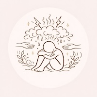 Illustration d’un enfant assis et replié sur lui-même sous un nuage orageux, symbolisant la thérapie enfant et l’accompagnement des émotions difficiles