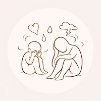 Illustration d’un enfant et d’un adulte assis face à face, exprimant des émotions, symbolisant la thérapie enfant et l’accompagnement émotionnel bienveillant